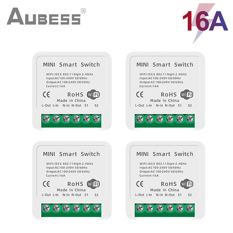 AUBESS 16A Tuya WiFi Mini DIY Smart Switch 2 Way Control Smart Home Automation Module Via Alexa Google Home Alice Smart Life App