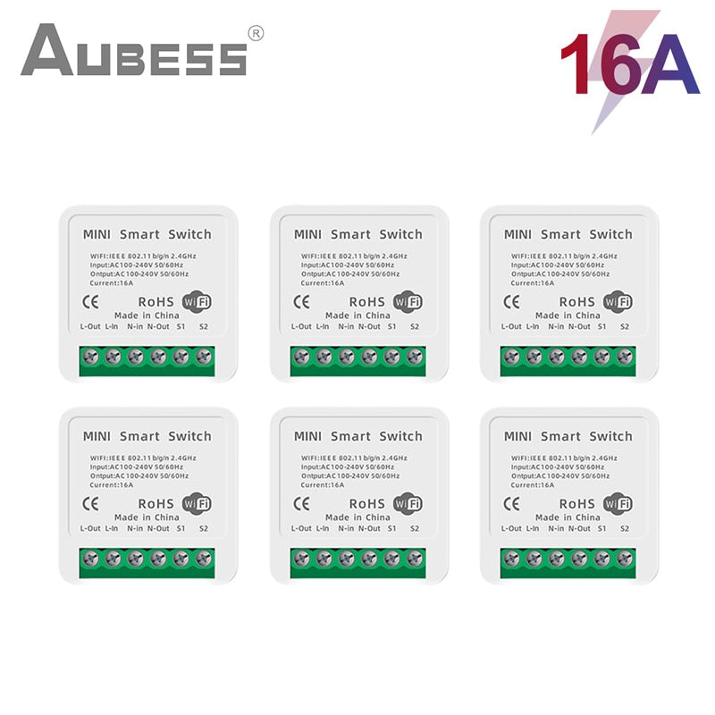 AUBESS 16A Tuya WiFi Mini DIY Smart Switch 2 Way Control Smart Home Automation Module Via Alexa Google Home Alice Smart Life App