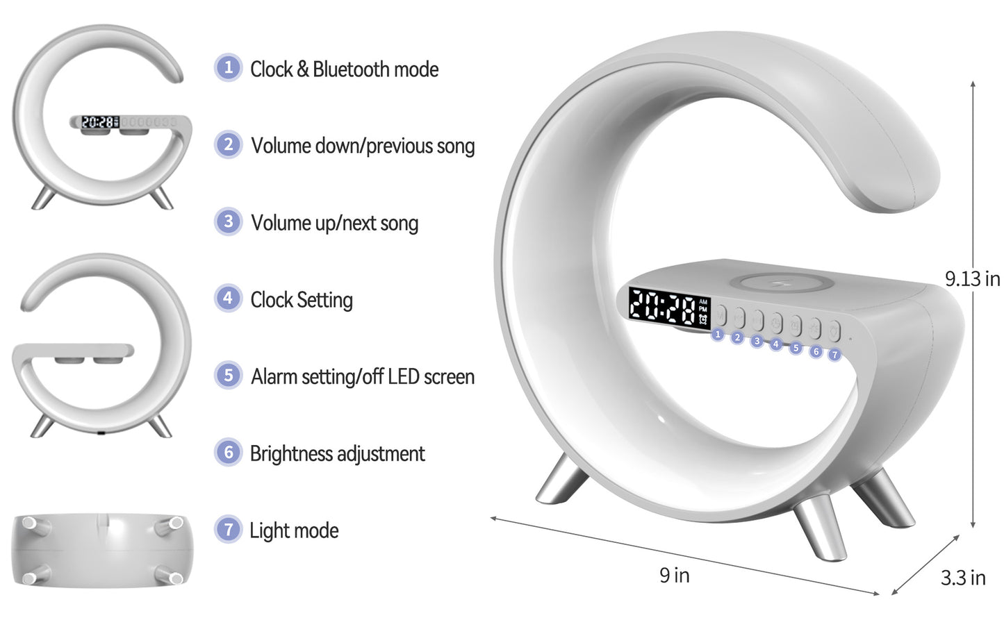 Alarm Clock LED Lamp Multifunctional Wireless Charger Speaker