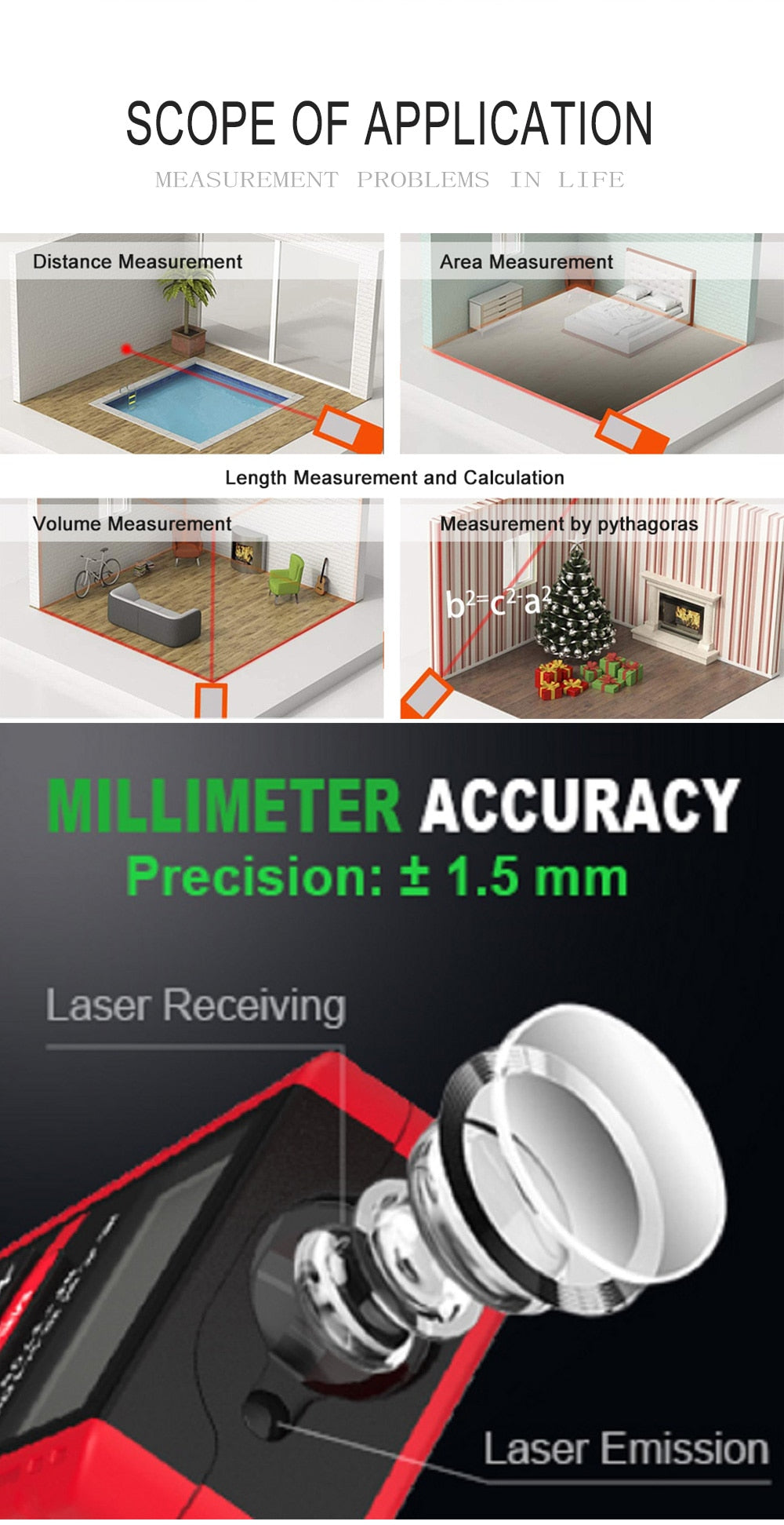 Digital Laser Distance Rangefinder 40M 80M Tape Range Finder