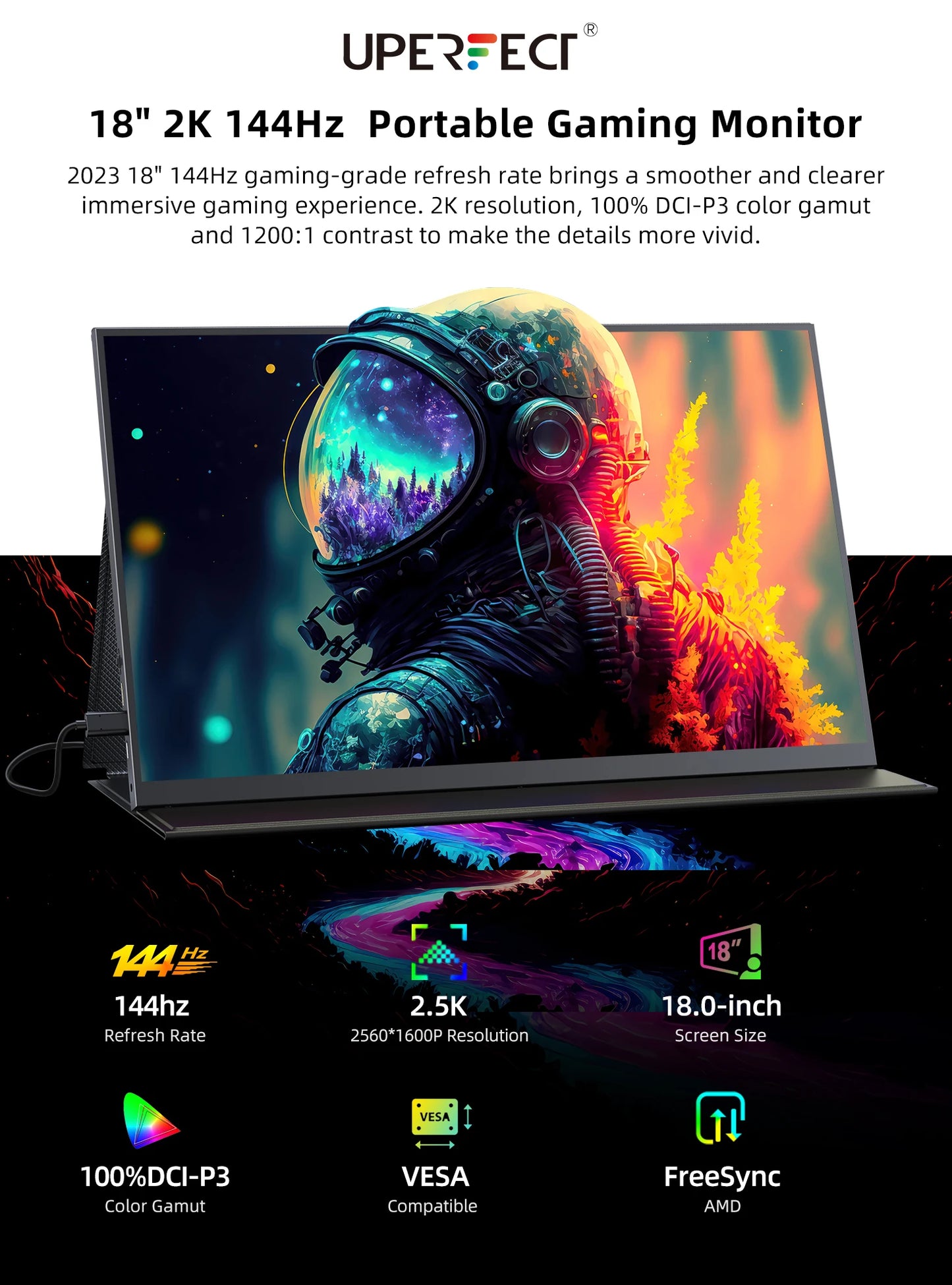 UPERFECT 18 Inch 2.5K 144Hz Portable Gaming Monitor Laptop 2560P×1600P