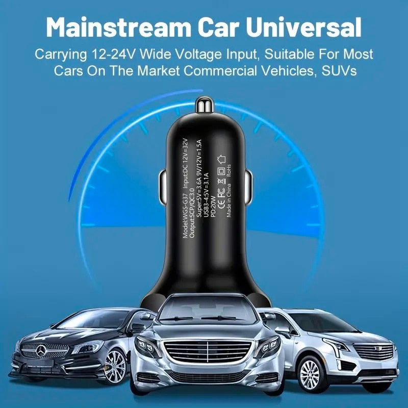 250W 5 in 1 USB Car Charger Type C PD 12V Jack Fast Charging Adapter for iPhone 12 Pro Max 14 Plus 13 Huawei Oneplus