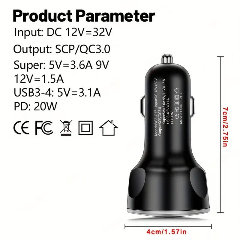 250W 5 in 1 USB Car Charger Type C PD 12V Jack Fast Charging Adapter for iPhone 12 Pro Max 14 Plus 13 Huawei Oneplus