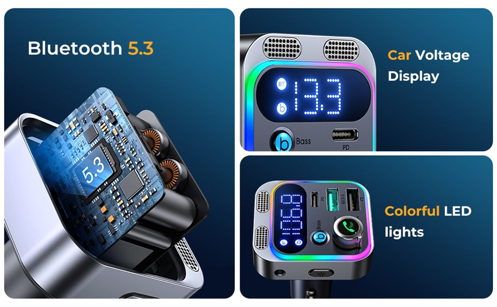 2023 Bluetooth Adapter 5.3 FM Transmitter for Car, Strong Dual Mics Deep Bass Sound 48W PD&QC3.0 Car Charger