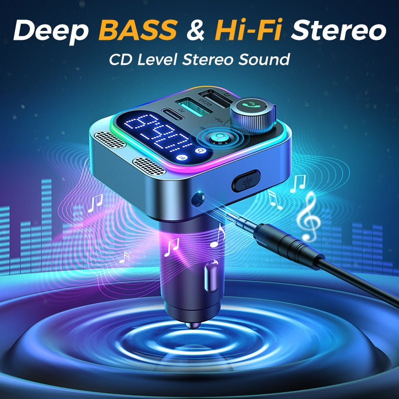 2023 Bluetooth Adapter 5.3 FM Transmitter for Car, Strong Dual Mics Deep Bass Sound 48W PD&QC3.0 Car Charger