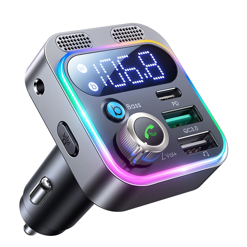  Bluetooth 5.3 FM Transmitter for Car - SOOMFON Bluetooth Car  Adapter with Big Mic Bass Stereo Hi-Fi Sound, PD30W QC18W FM Bluetooth  Transmitter Car Charger Support Hands-Free Calls, Aux Out, TF