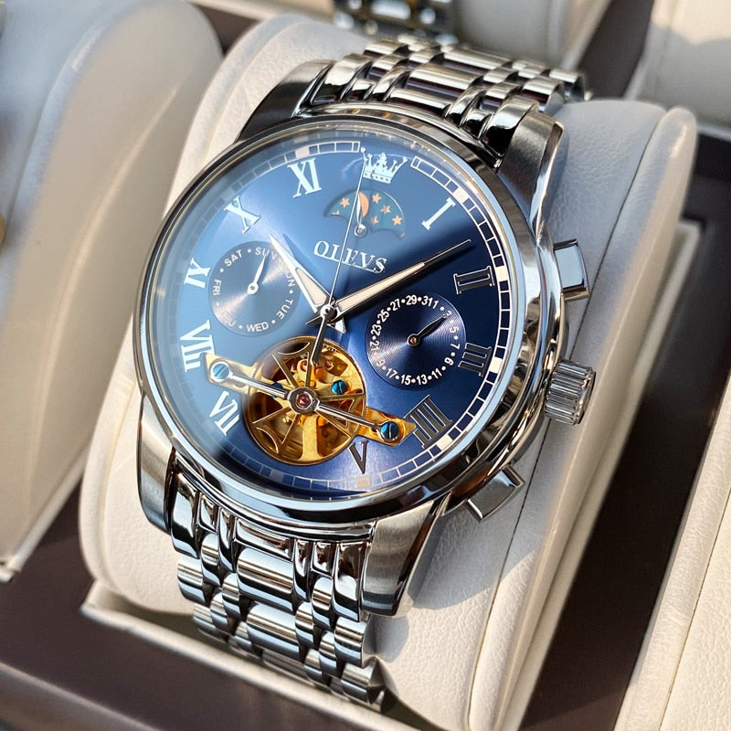 Men's Automatic Self-Winding Mechanical Watch Stainless Luxury Moon Phase Skeleton Tourbillon Wristwatch