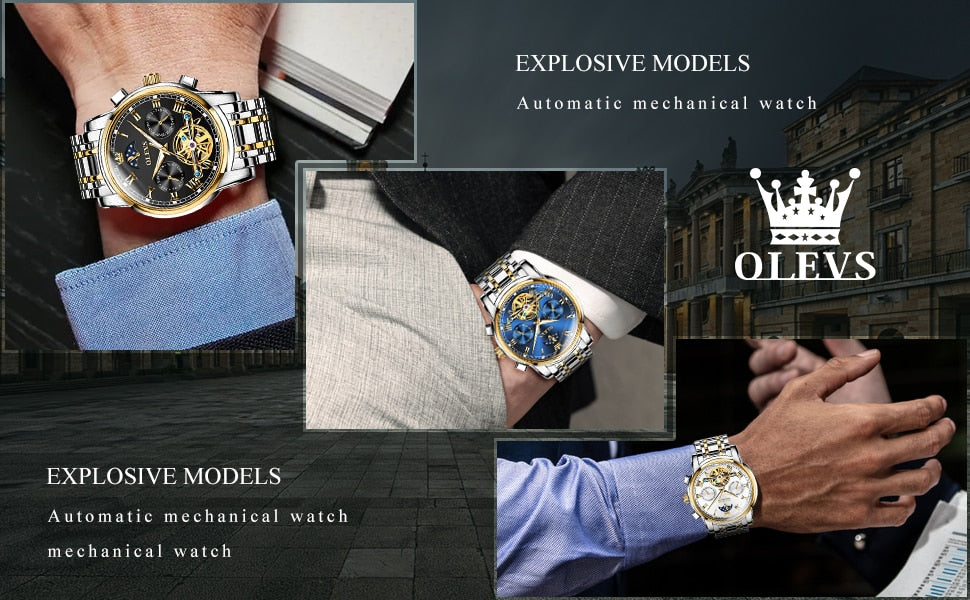 Men's Automatic Self-Winding Mechanical Watch Stainless Luxury Moon Phase Skeleton Tourbillon Wristwatch