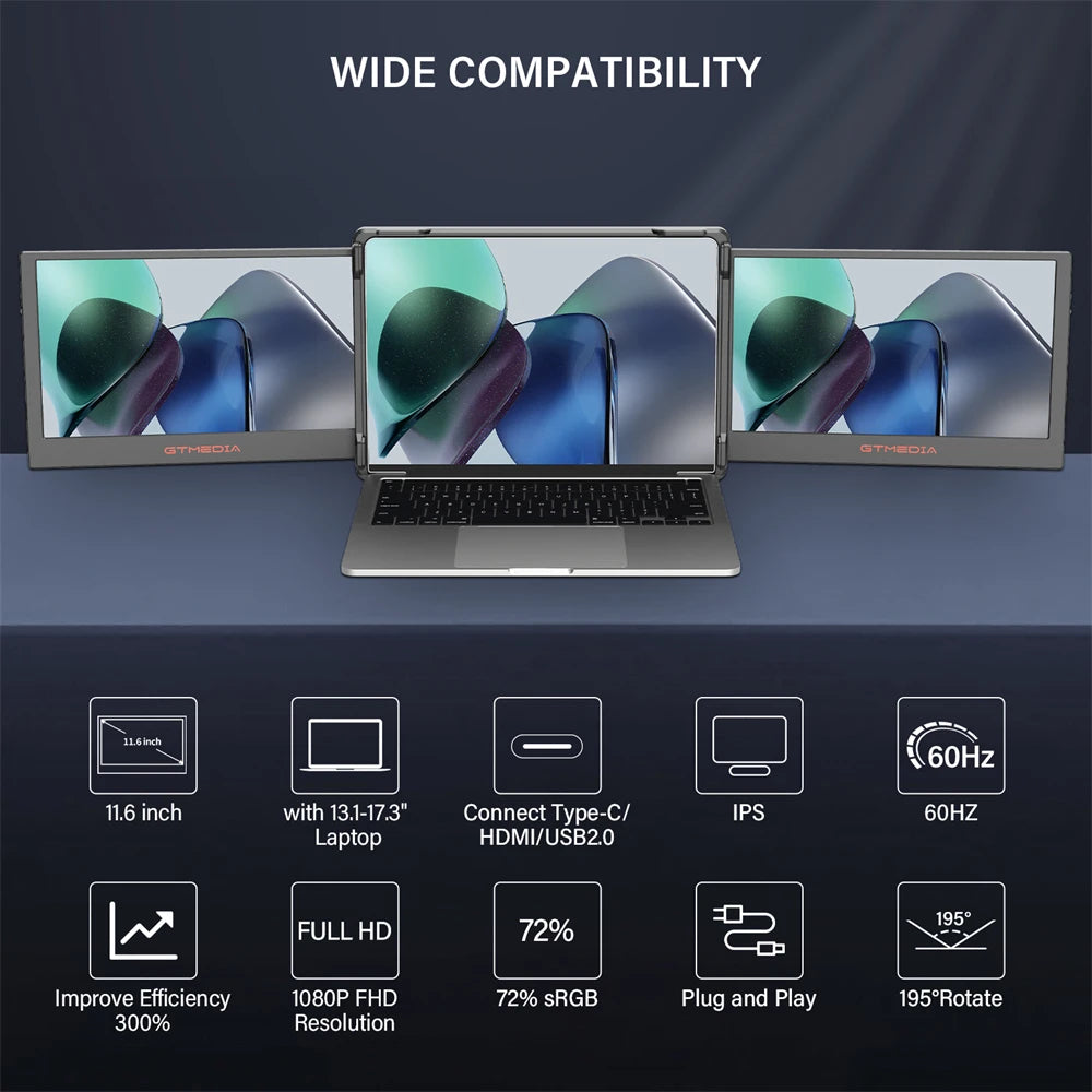 GTMEDIA 11.6 Inch Portable Monitor Laptop Dual Extender Screen Full View 1920x1080