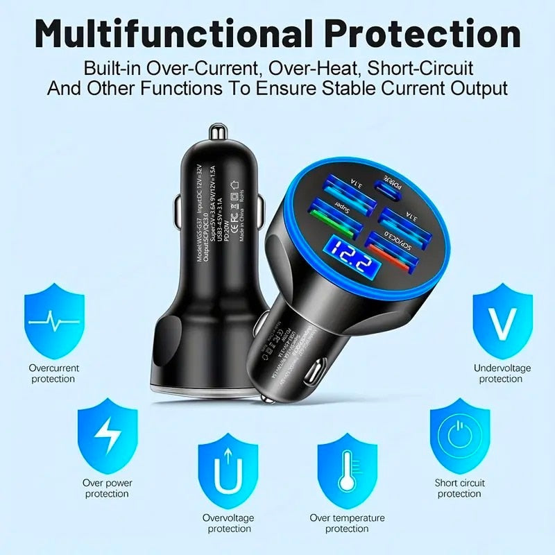 250W 5 in 1 USB Car Charger Type C PD 12V Jack Fast Charging Adapter for iPhone 12 Pro Max 14 Plus 13 Huawei Oneplus