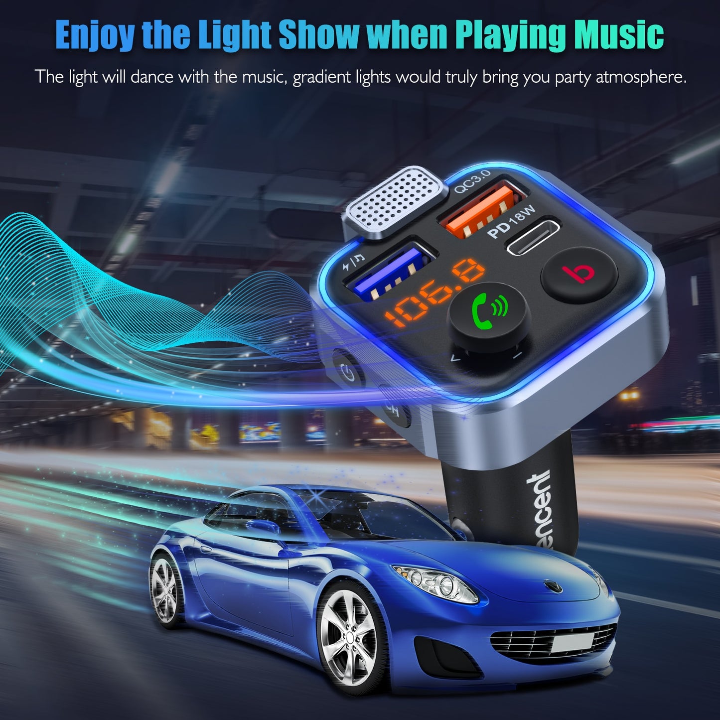 LENCENT FM Transmitter Wireless Bluetooth 5.0 Handsfree Car Kit MP3 Player With Type-C PD 20W+ QC3.0 Fast USB