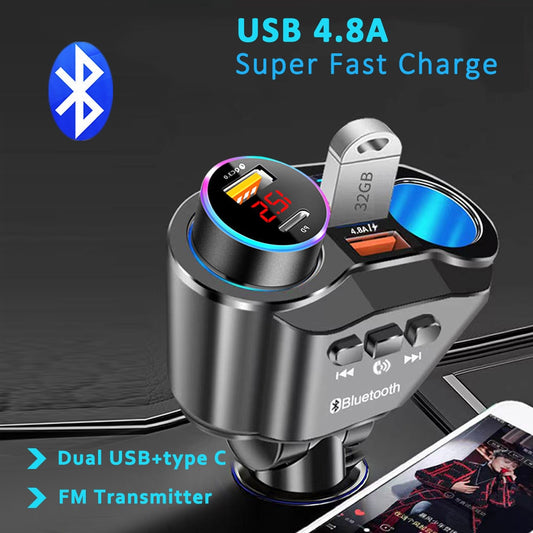 Bluetooth FM Transmitter Car Charger Splitter Power Adapter USB C Phone Charger