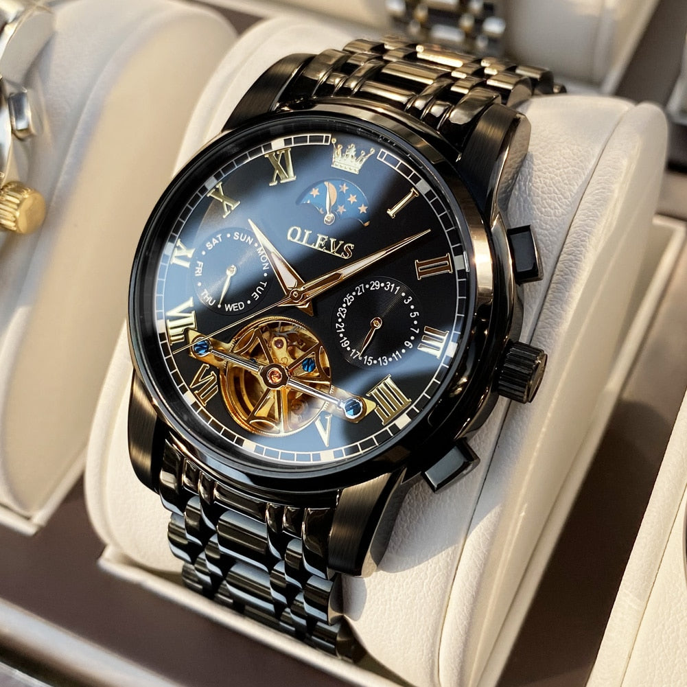 Men's Automatic Self-Winding Mechanical Watch Stainless Luxury Moon Phase Skeleton Tourbillon Wristwatch