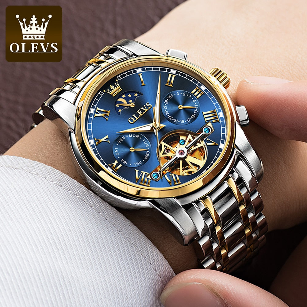 Men's Automatic Self-Winding Mechanical Watch Stainless Luxury Moon Phase Skeleton Tourbillon Wristwatch