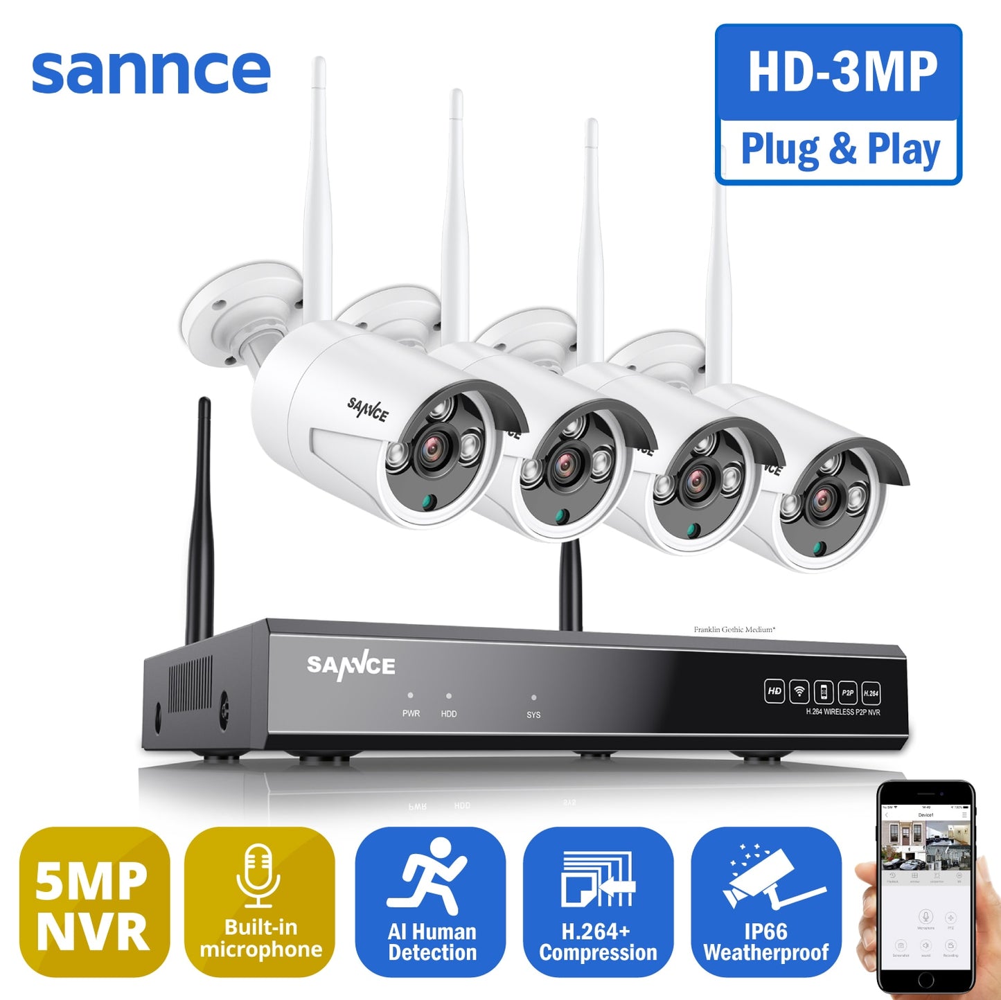 Security Camera Kit 8CH HD 3MP Wireless 5MP NVR Audio Recording AI Detection