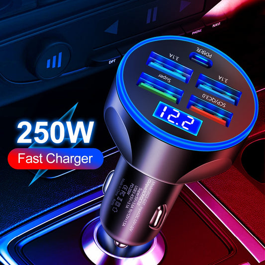 250W 5 in 1 USB Car Charger Type C PD 12V Jack Fast Charging Adapter for iPhone 12 Pro Max 14 Plus 13 Huawei Oneplus