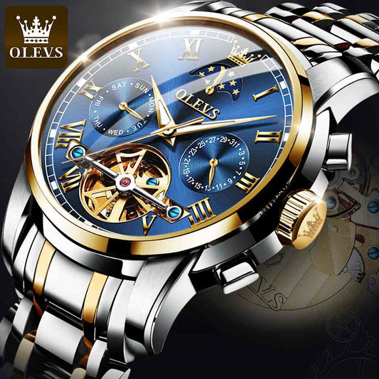 Men's Automatic Self-Winding Mechanical Watch Stainless Luxury Moon Phase Skeleton Tourbillon Wristwatch