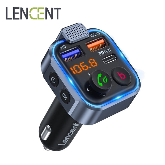 LENCENT FM Transmitter Wireless Bluetooth 5.0 Handsfree Car Kit MP3 Player With Type-C PD 20W+ QC3.0 Fast USB